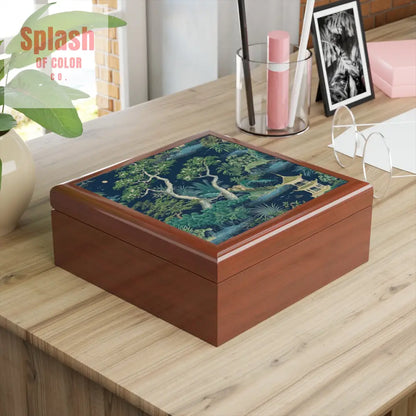 Chinoiserie Asian Designed Pagoda Blue Green Elegant Nature-Themed Jewelry Box - Home Decor