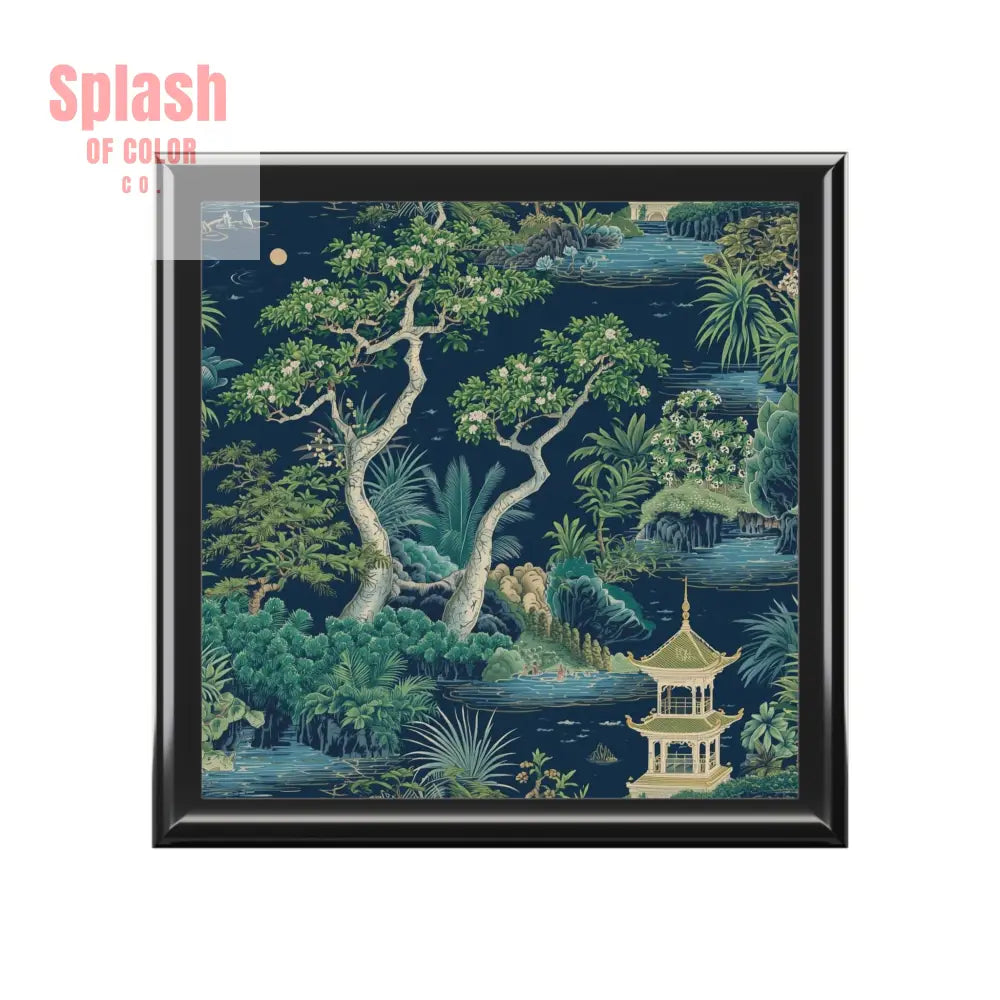 Chinoiserie Asian Designed Pagoda Blue Green Elegant Nature-Themed Jewelry Box - Home Decor