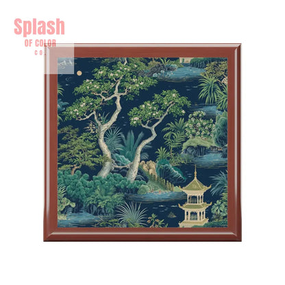 Chinoiserie Asian Designed Pagoda Blue Green Elegant Nature-Themed Jewelry Box - Golden Oak / One size - Home Decor