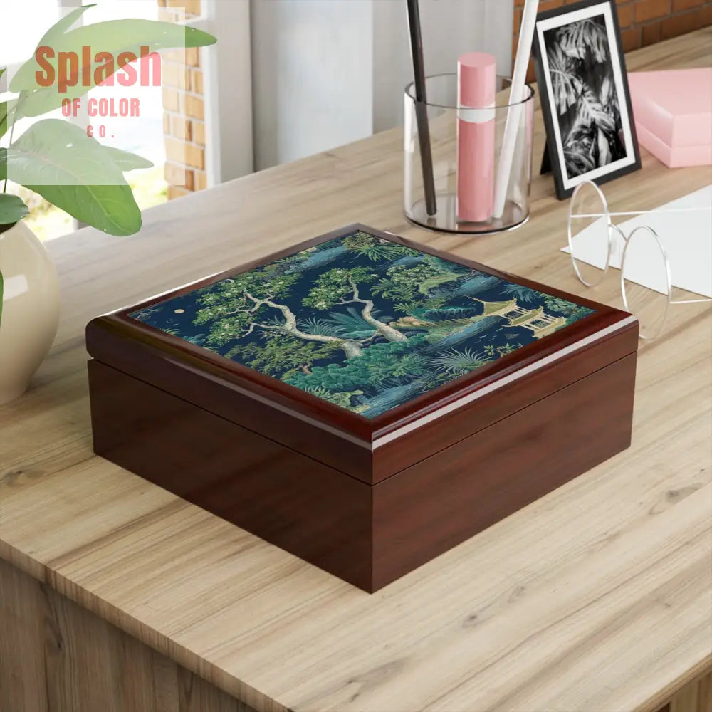 Chinoiserie Asian Designed Pagoda Blue Green Elegant Nature-Themed Jewelry Box - Home Decor