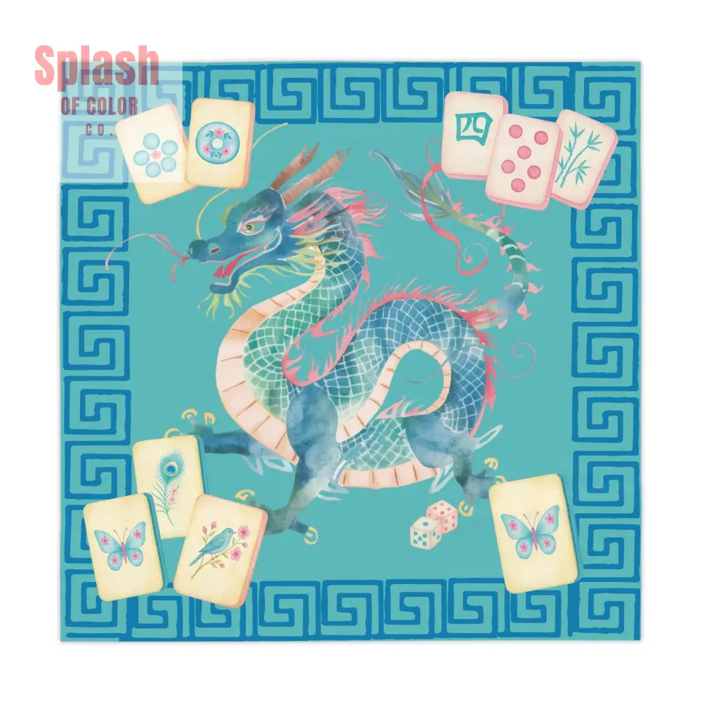 Chinoiserie Chinese Dragon Tablecloth Mahjong Tablecloth Blue Greek Key And Mahj Tiles Watercolor Design - One size