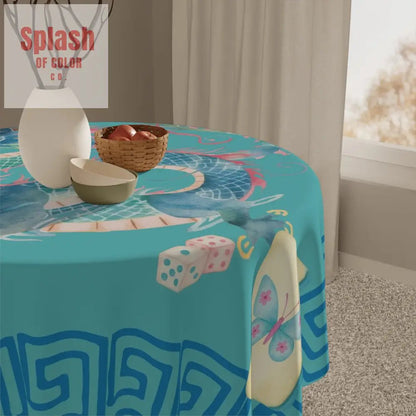 Chinoiserie Chinese Dragon Tablecloth Mahjong Tablecloth Blue Greek Key And Mahj Tiles Watercolor Design - Splash of Color co.