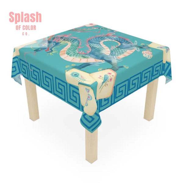 Chinoiserie Chinese Dragon Tablecloth Mahjong Tablecloth Blue Greek Key And Mahj Tiles Watercolor Design - Splash of Color co.