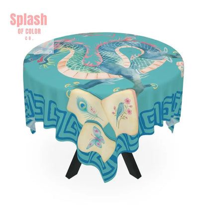 Chinoiserie Chinese Dragon Tablecloth Mahjong Tablecloth Blue Greek Key And Mahj Tiles Watercolor Design - Splash of Color co.