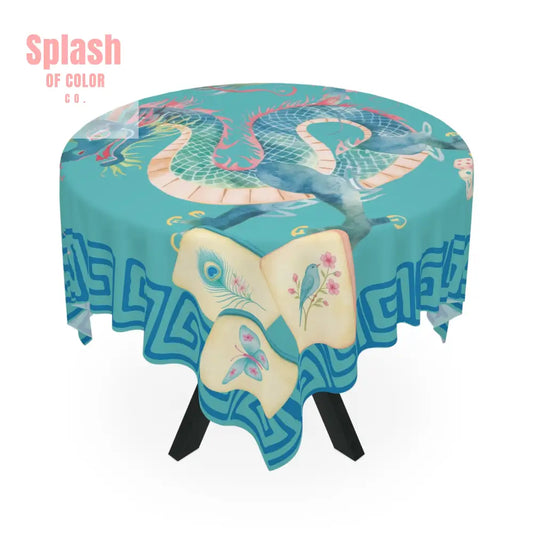 Chinoiserie Chinese Dragon Tablecloth Mahjong Tablecloth Blue Greek Key And Mahj Tiles Watercolor Design - One size
