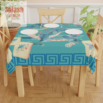 Chinoiserie Chinese Dragon Tablecloth Mahjong Tablecloth Blue Greek Key And Mahj Tiles Watercolor Design - Splash of Color co.
