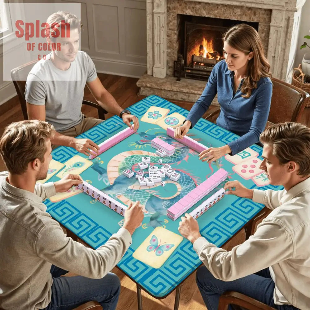 Chinoiserie Chinese Watercolor Dragon Mahjong Tiles Greek Key Border Mahj Game Mat - Daily Accessories