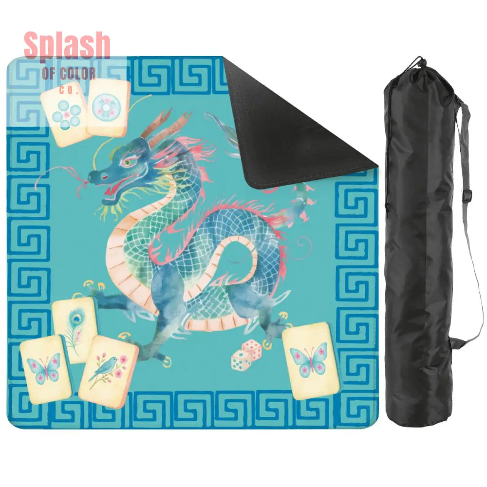 Chinoiserie Chinese Watercolor Dragon Mahjong Tiles Greek Key Border Mahj Game Mat - 2mm (Black Bag) - Daily Accessories