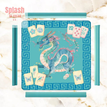 Chinoiserie Chinese Watercolor Dragon, Mahjong Tiles Greek Key Border Mahj Game Mat - Splash of Color co.
