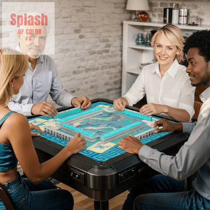 Chinoiserie Chinese Watercolor Dragon, Mahjong Tiles Greek Key Border Mahj Game Mat - Splash of Color co.