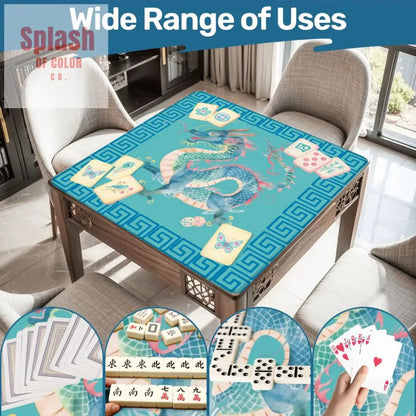 Chinoiserie Chinese Watercolor Dragon, Mahjong Tiles Greek Key Border Mahj Game Mat - Splash of Color co.