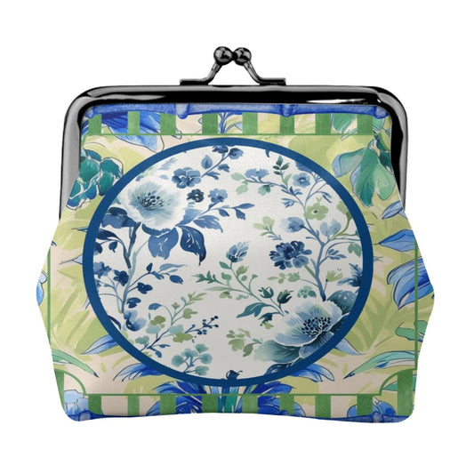 Chinoiserie Designed Green Blue Preppy Women’s Leather Kiss Lock Coin Purse - 4.5’’x4.1’’ - Wallet