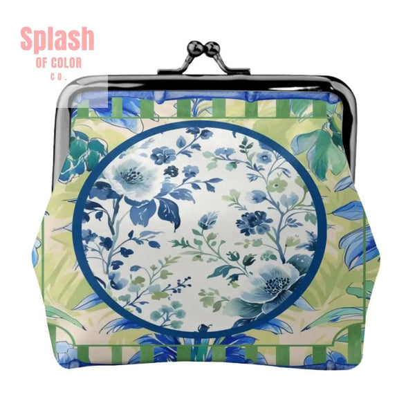 Chinoiserie Designed Green Blue Preppy Women’s Leather Kiss Lock Coin Purse - 4.5’’x4.1’’ - Wallet
