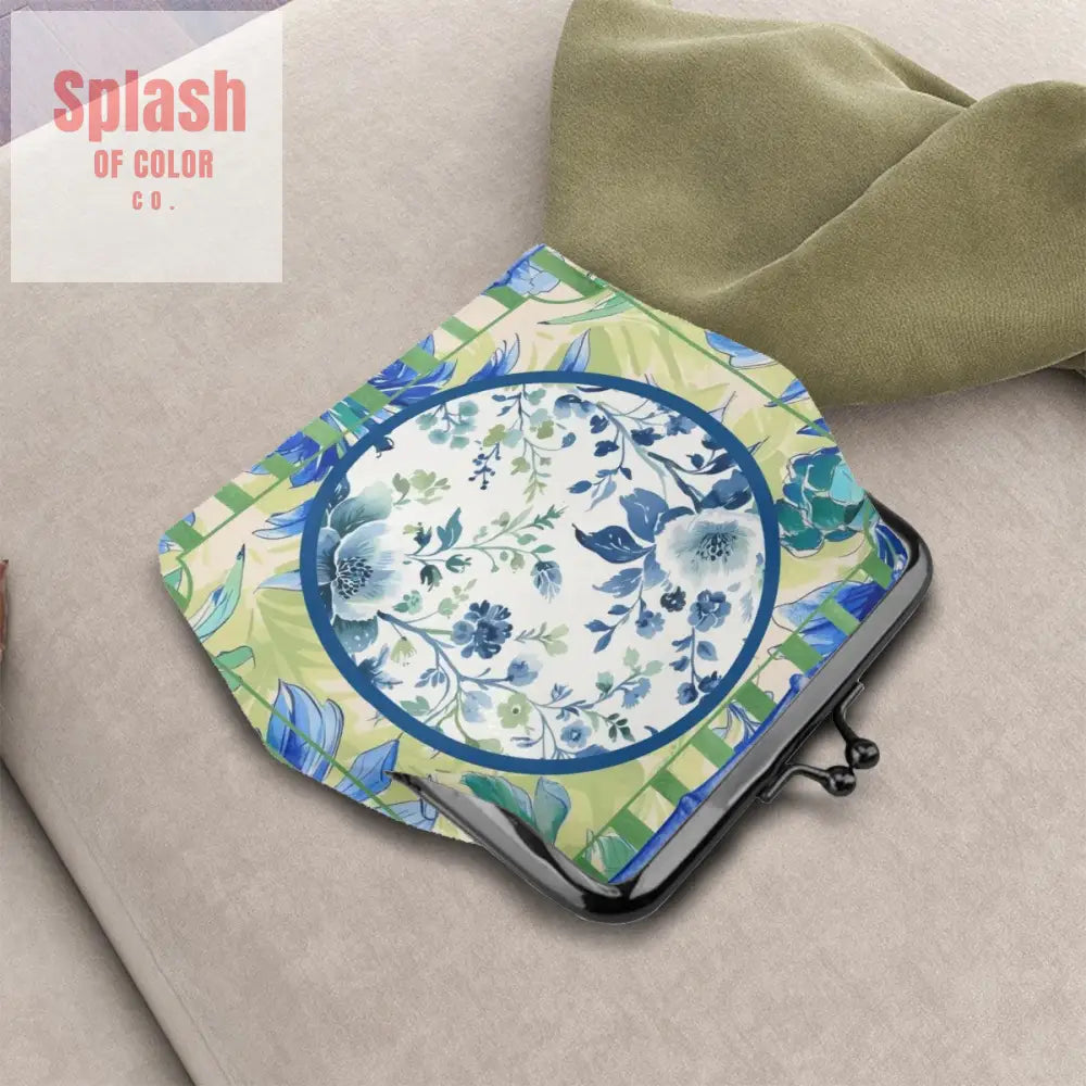 Chinoiserie Designed Green Blue Preppy Women’s Leather Kiss Lock Coin Purse - 4.5’’x4.1’’ - Wallet