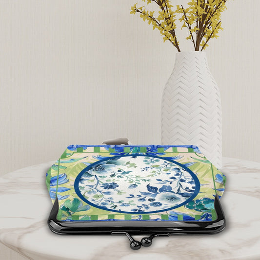 Chinoiserie Designed Green Blue Preppy Women’s Leather Kiss Lock Coin Purse - 4.5’’x4.1’’ - Wallet