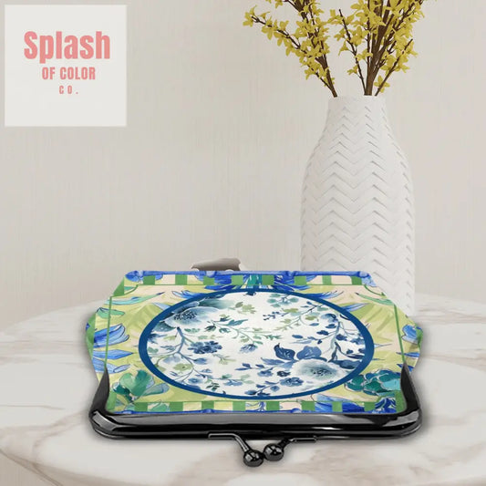 Chinoiserie Designed Green Blue Preppy Women’s Leather Kiss Lock Coin Purse - 4.5’’x4.1’’ - Wallet
