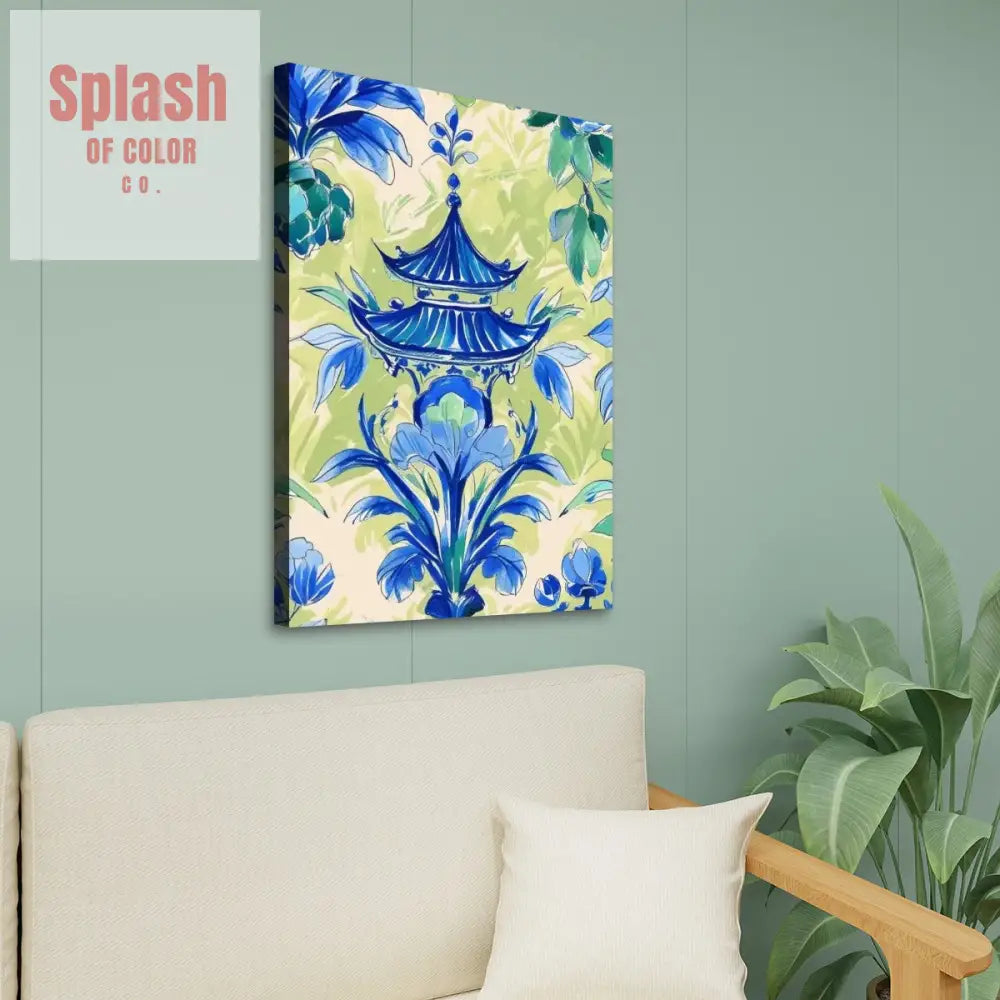 Chinoiserie Pagoda Blue Green Watercolor Zen Garden Wall Art - 24’’x36’’ - Wall Art