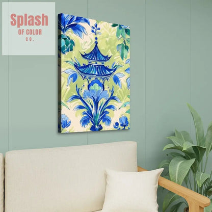 Chinoiserie Pagoda Blue, Green Watercolor Zen Garden Wall Art - Splash of Color co.