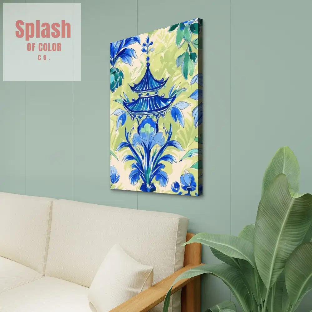 Chinoiserie Pagoda Blue Green Watercolor Zen Garden Wall Art - 24’’x36’’ - Wall Art