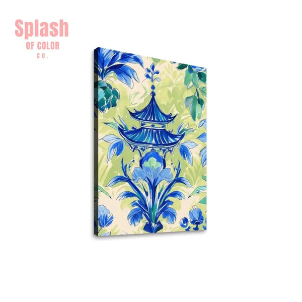 Chinoiserie Pagoda Blue, Green Watercolor Zen Garden Wall Art - Splash of Color co.