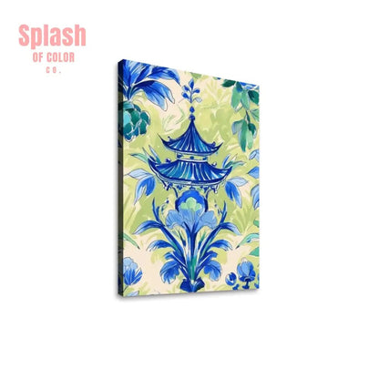 Chinoiserie Pagoda Blue, Green Watercolor Zen Garden Wall Art - Splash of Color co.