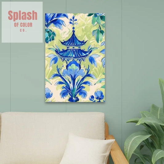 Chinoiserie Pagoda Blue Green Watercolor Zen Garden Wall Art - 24’’x36’’ - Wall Art