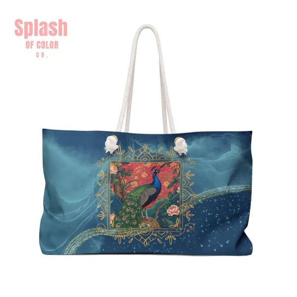 Chinoiserie Peacock Watercolor Blue Elegant Asian Zen Mahjong Tile Tote Bag - Splash of Color co.