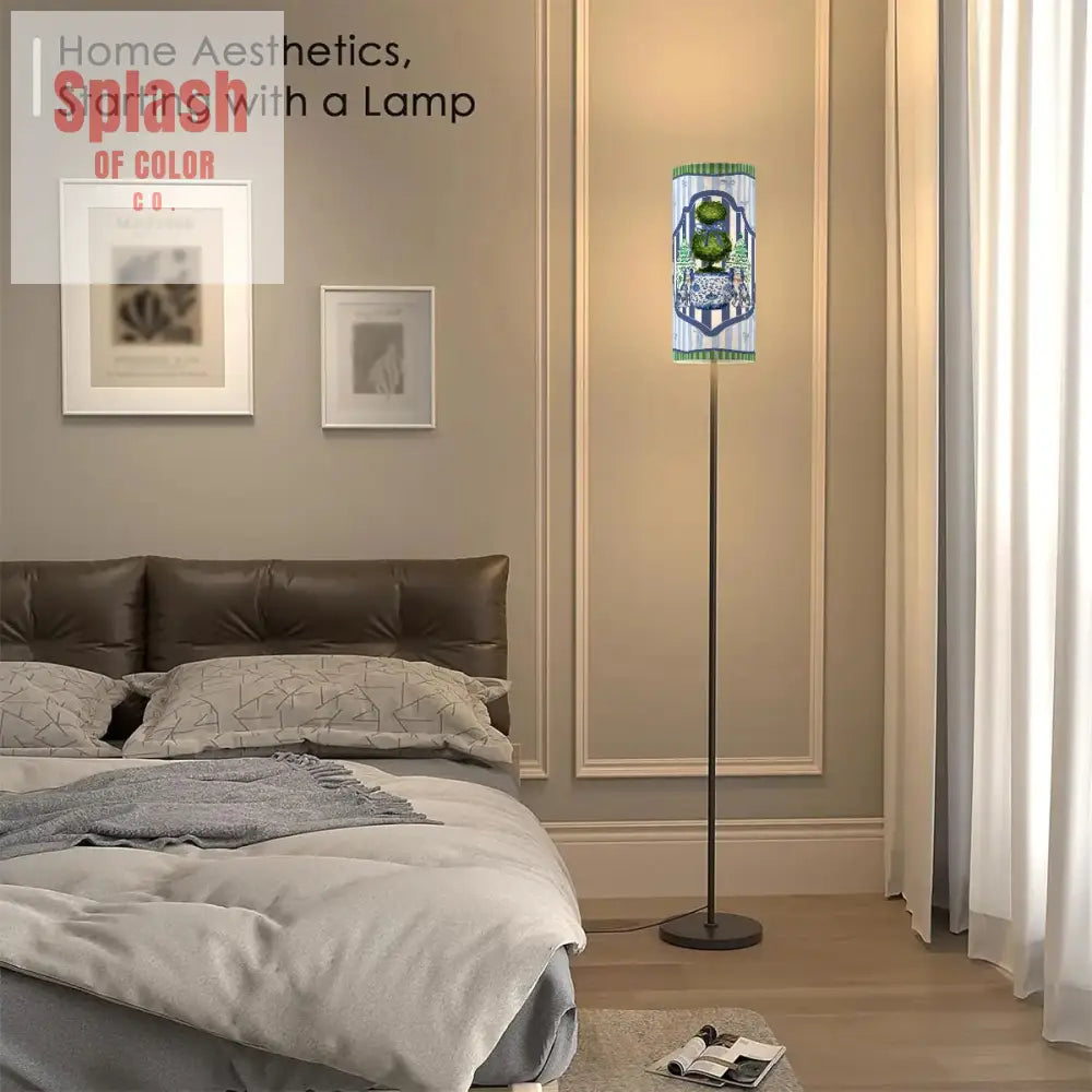 Chinoiserie Staffordshire Preppy Green Blue Striped Asian Zen Modern Book Nook Floor Lamp One Size Floor Lamps