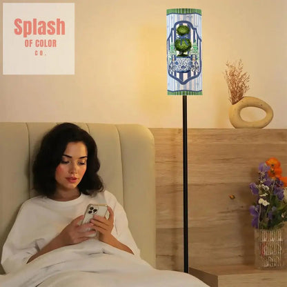 Chinoiserie Staffordshire Preppy Green Blue Striped Asian Zen Modern Book Nook Floor Lamp - Splash of Color co.