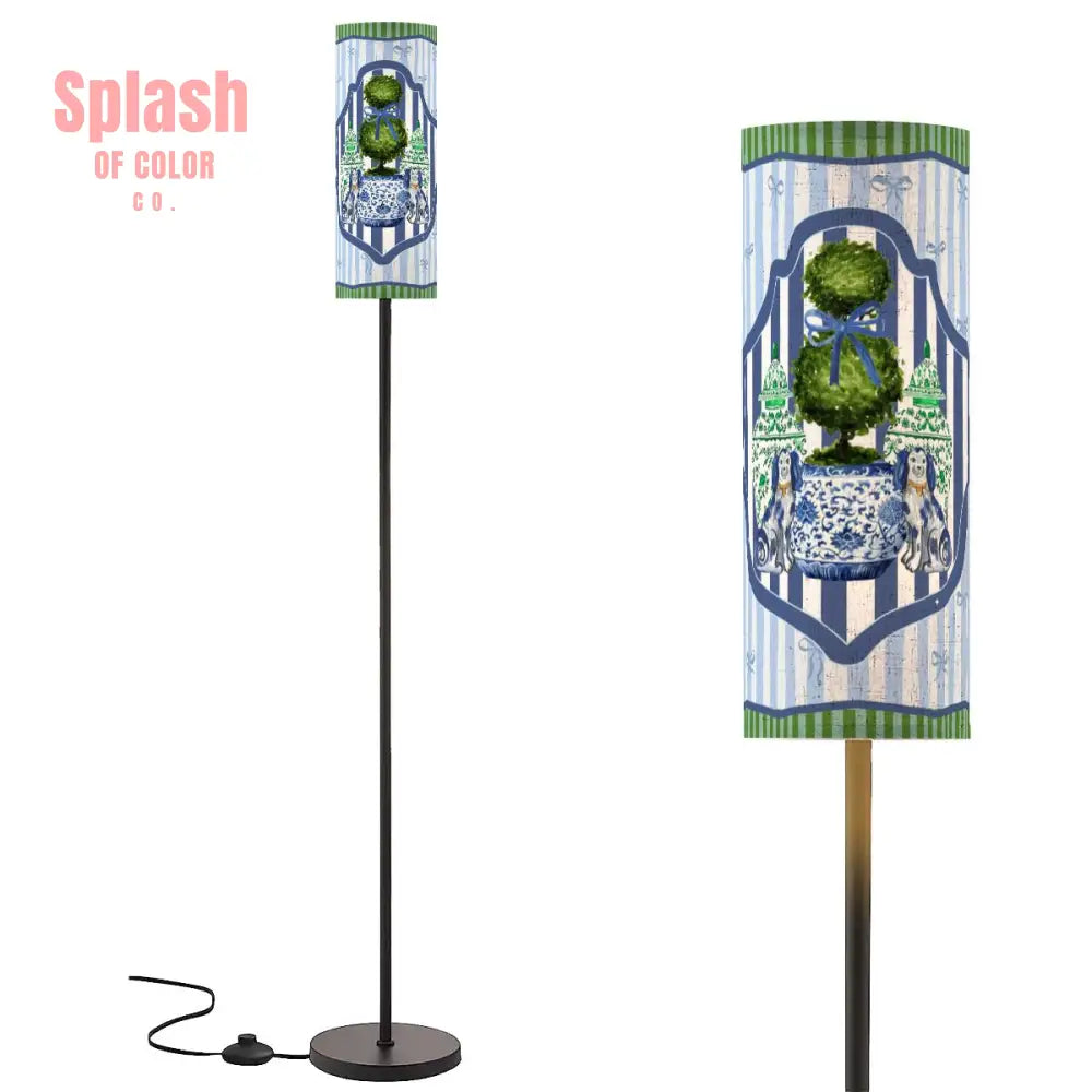 Chinoiserie Staffordshire Preppy Green Blue Striped Asian Zen Modern Book Nook Floor Lamp One Size Floor Lamps
