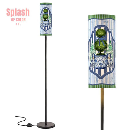 Chinoiserie Staffordshire Preppy Green Blue Striped Asian Zen Modern Book Nook Floor Lamp - Splash of Color co.