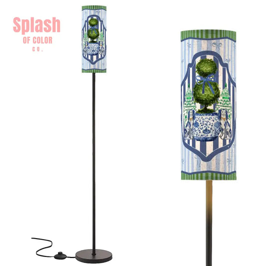 Chinoiserie Staffordshire Preppy Green Blue Striped Asian Zen Modern Book Nook Floor Lamp One Size Floor Lamps