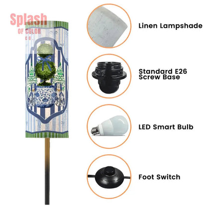 Chinoiserie Staffordshire Preppy Green Blue Striped Asian Zen Modern Book Nook Floor Lamp - Splash of Color co.