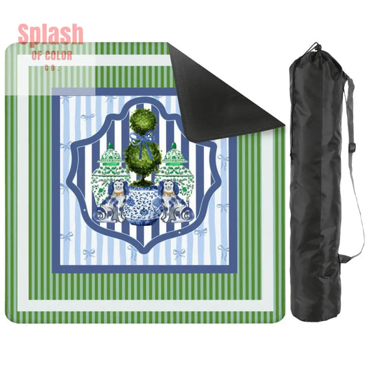Chinoiserie Staffordshire Preppy Green Blue Striped Mahjong Mat 2mm (Black Bag) Daily Accessories