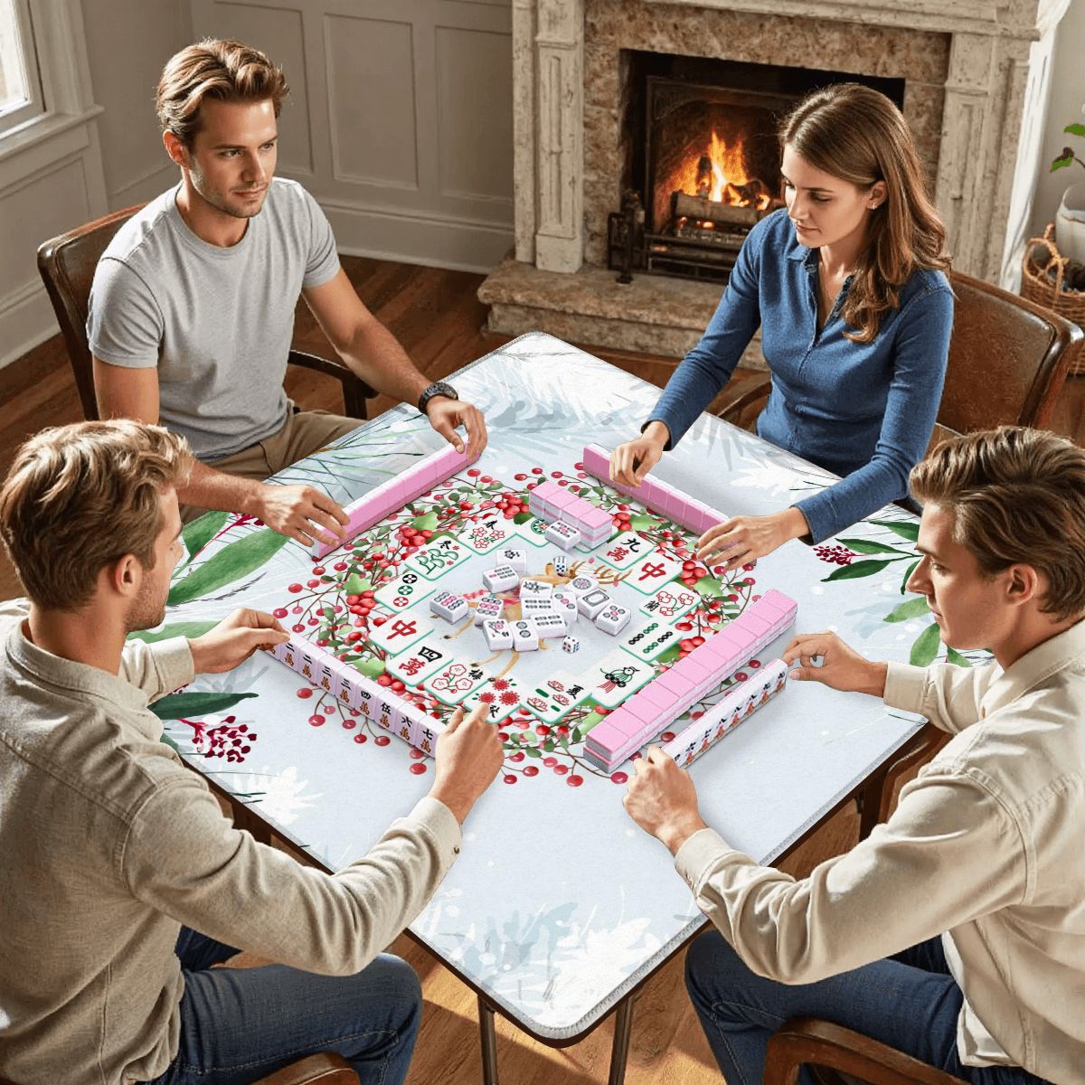 Christmas Mahjong Mat Mahjong Tile Wreath Festive Winter Season Mahj Game Night Mat - 31.5’’x31.5’’ - Daily Accessories