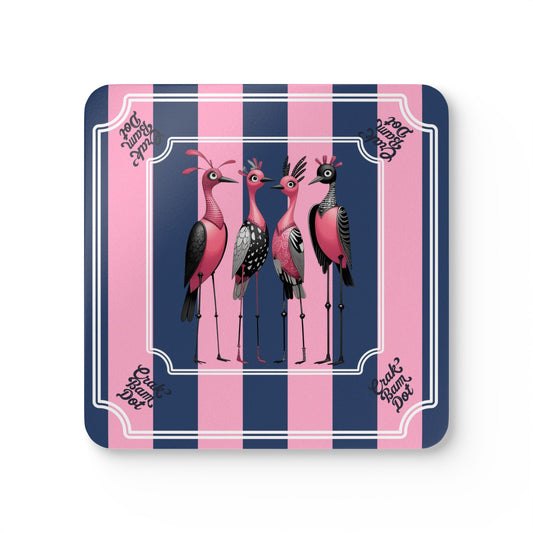 Crak Bam Dot Mahjong Cork Coasters Quirky Chic Bird. Preppy Pink Blue Striped Mahj Queen Coaster Gift Set - Cork