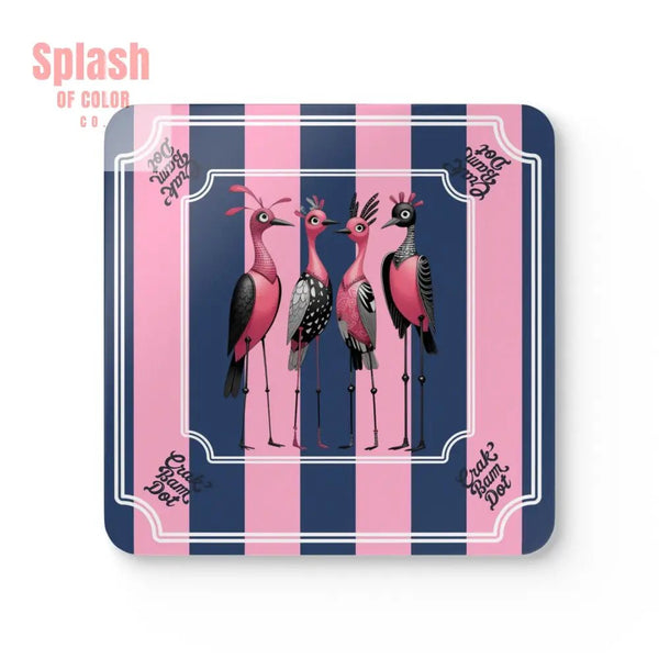 Crak Bam Dot Mahjong Cork Coasters Quirky Chic Bird. Preppy Pink Blue Striped Mahj Queen Coaster Gift Set - Cork