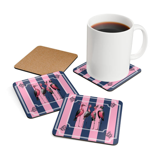 Crak Bam Dot Mahjong Cork Coasters Quirky Chic Bird. Preppy Pink Blue Striped Mahj Queen Coaster Gift Set - Cork