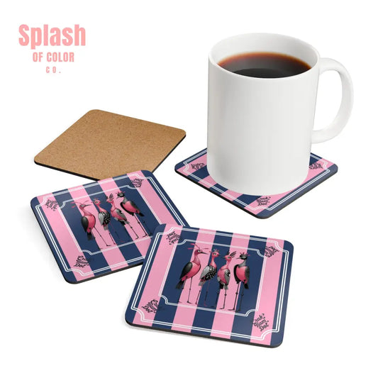 Crak Bam Dot Mahjong Cork Coasters Quirky Chic Bird. Preppy Pink Blue Striped Mahj Queen Coaster Gift Set - Cork
