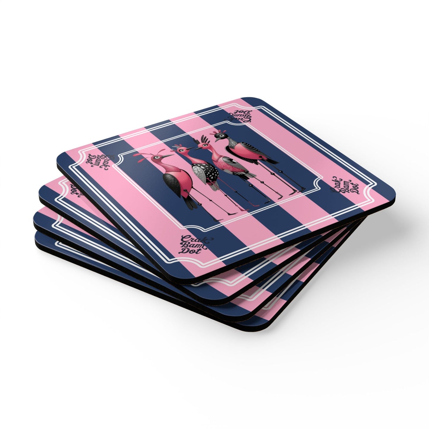 Crak Bam Dot Mahjong Cork Coasters Quirky Chic Bird. Preppy Pink Blue Striped Mahj Queen Coaster Gift Set - Cork
