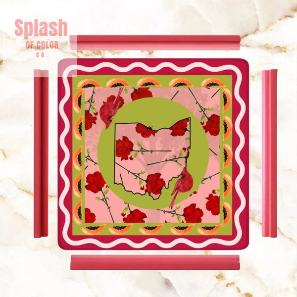 Crimson Red, Ohio State Pride Whimsical Mahjong Game Mat, Cardinals, Carnations And Pawpaws - Splash of Color co.
