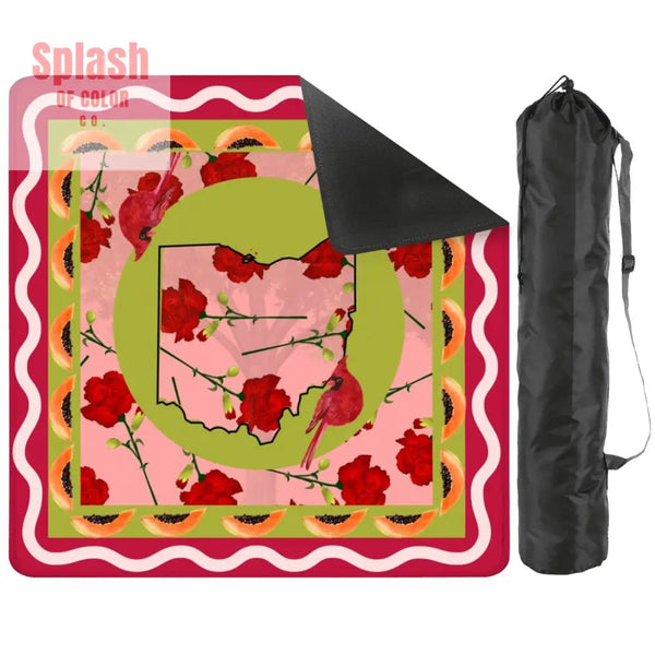 Crimson Red, Ohio State Pride Whimsical Mahjong Game Mat, Cardinals, Carnations And Pawpaws - Splash of Color co.
