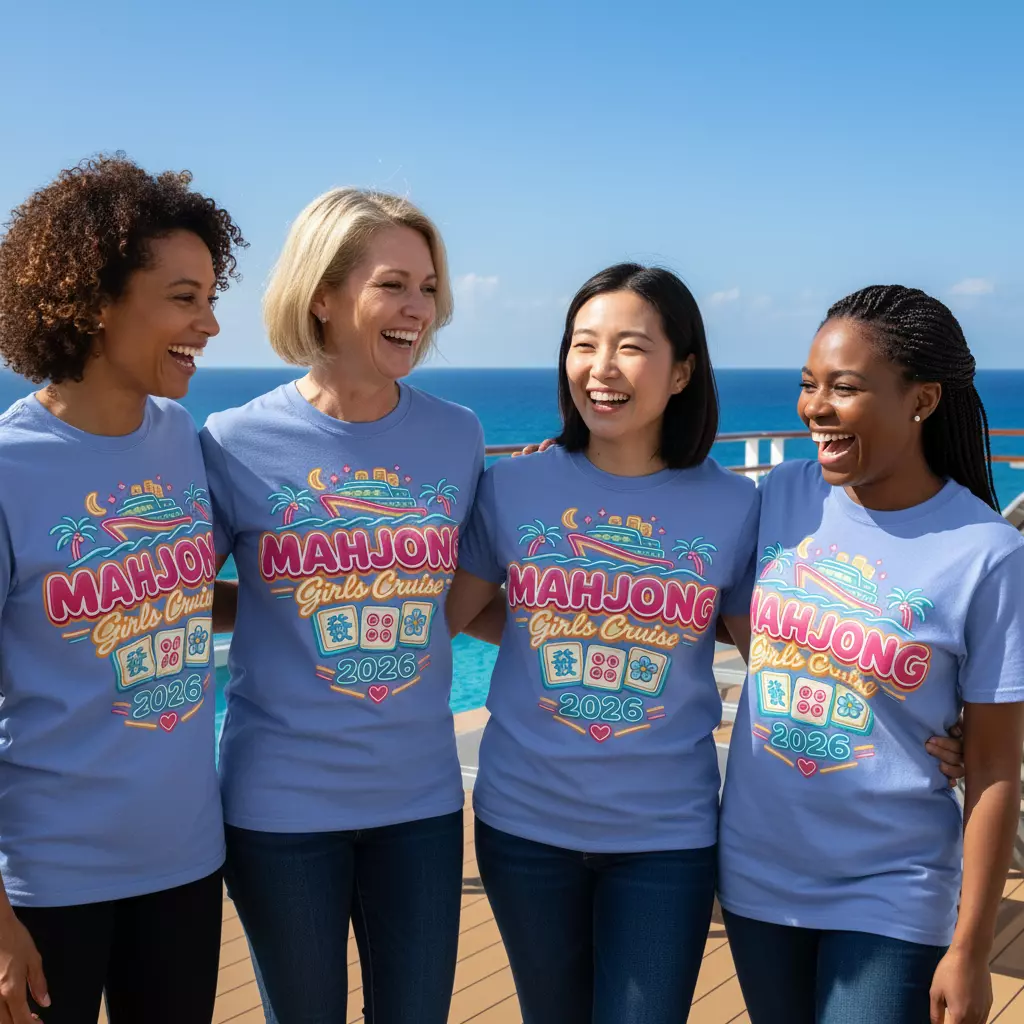 Mahjong Girls Cruise 2026 Group T-Shirt | Mahjong Tiles, Tropical Cruise Design - Splash of Color Co.