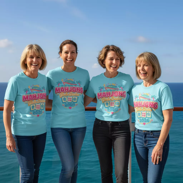 Mahjong Girls Cruise 2026 Group T-Shirt | Mahjong Tiles, Tropical Cruise Design - Splash of Color Co.