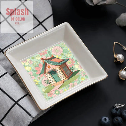 Mahjong Appetizer Dessert Plates With Cottage Floral Mahjong Tile House Design - Splash of Color co.