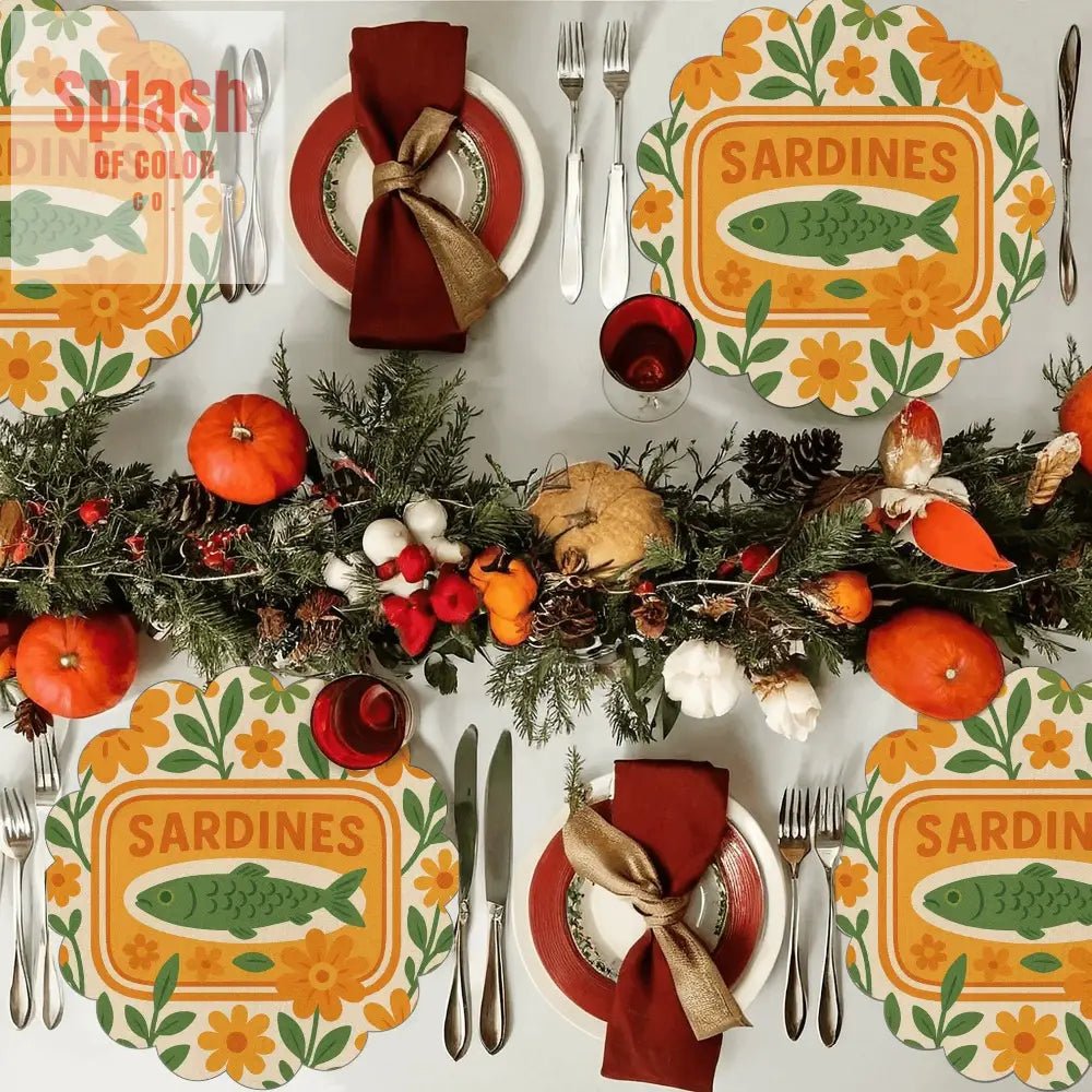 Sardine Tinned Fish Orange, Green Nautical Table Placemats - Splash of Color co.