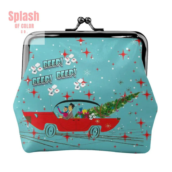 Cute Christmas Mahjong Vintage Nostalgic Women’s Leather Kiss Lock Coin Purse 4.5’’x4.1’’ Wallet