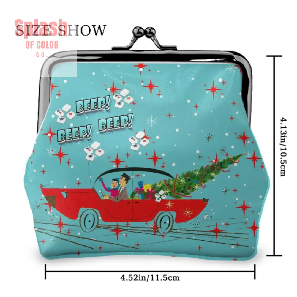 Cute Christmas Mahjong Vintage Nostalgic Women’s Leather Kiss Lock Coin Purse 4.5’’x4.1’’ Wallet