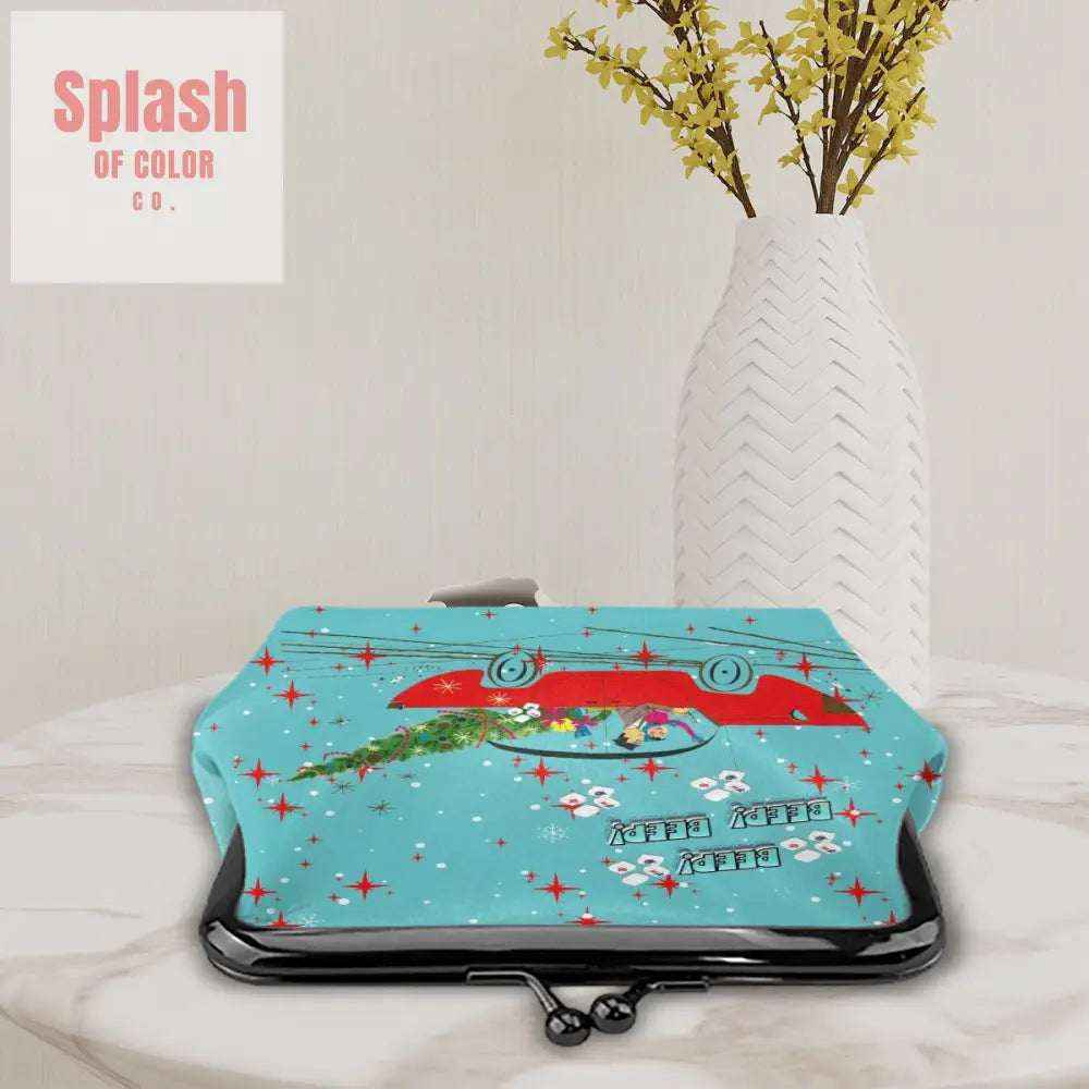 Cute Christmas Mahjong Vintage Nostalgic Women’s Leather Kiss Lock Coin Purse 4.5’’x4.1’’ Wallet