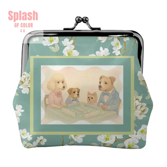 Cute Dogs Playing Mahjong Asian Floral Designed Kiss Lock Coin Purse 4.5’’x4.1’’ Wallet